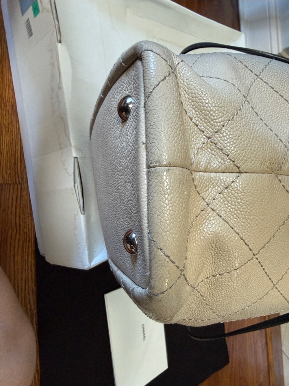 CHANEL Beige Quilted Tote with Black Trim and Double Straps - Picture 10 of 11